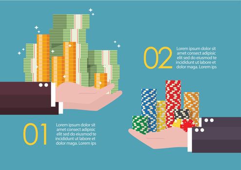 Exchange of cash money and casino chips infographic. Vector illustration