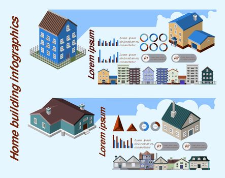 Home building infographics with isometric houses and charts vector illustration