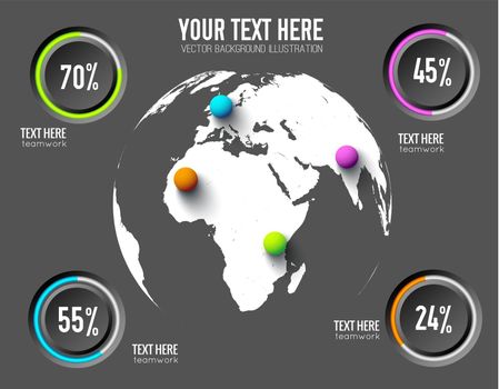 Business web infographic concept with round buttons percent rates and colorful balls on globe vector illustration