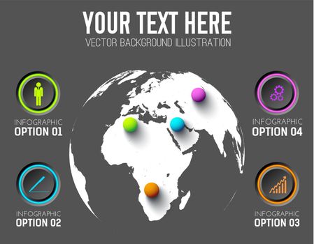 Business infographic template with round buttons icons and colorful balls on world map vector illustration