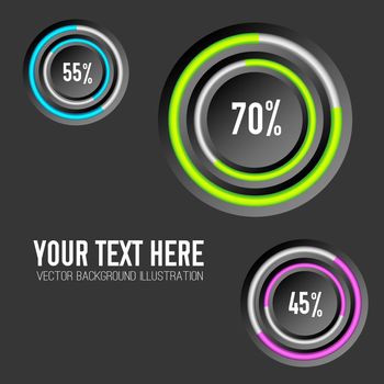 Business infographic template with three circles colorful rings and percent rates on dark background isolated vector illustration