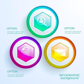 Business infographic web chart template with three colorful glossy hexagonal buttons and icons isolated vector illustration