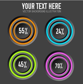 Business infographic concept with four round buttons colorful rings and percentage on dark background isolated vector illustration