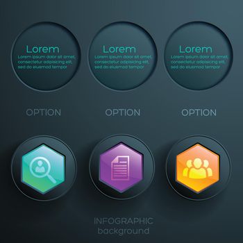 Business abstract infographic concept with icons colorful glossy hexagonal buttons and dark circles vector illustration