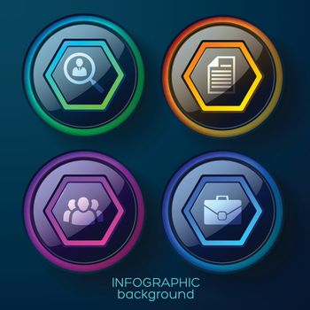 Business infographic template with four colorful glossy web elements and icons on blue background isolated vector illustration