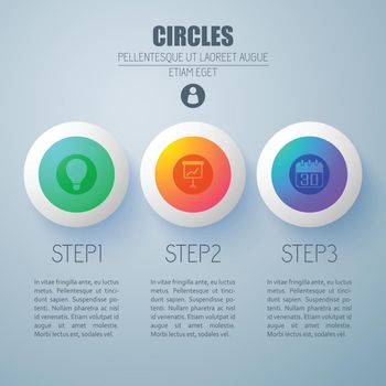Business infographic web concept with three options colorful round buttons and icons on light background vector illustration