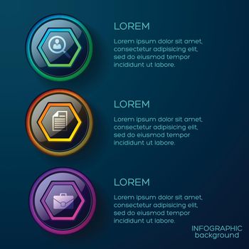 Business infographic template with text colorful glossy web buttons and icons on dark blue background vector illustration