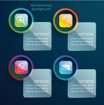 Business infographic concept with icons colorful glossy web elements and glass rectangles with text isolated vector illustration