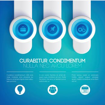 Business infographic presentation concept with text icons on blue circles and gray vertical round banners vector illustration