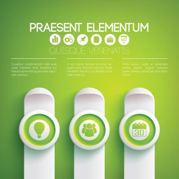 Business infographic concept with text icons on green circles and vertical gray rectangles vector illustration