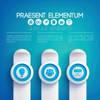 Business infographic presentation with text icons on blue round buttons and vertical gray rectangles vector illustration
