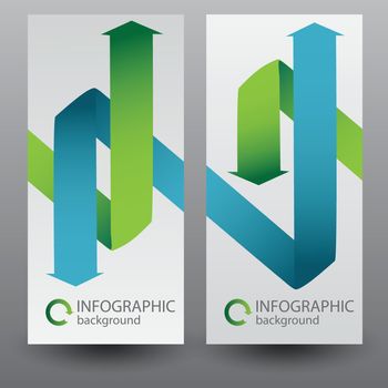 Business infographic vertical banners with green and blue bent ribbon arrows on gray background isolated vector illustration