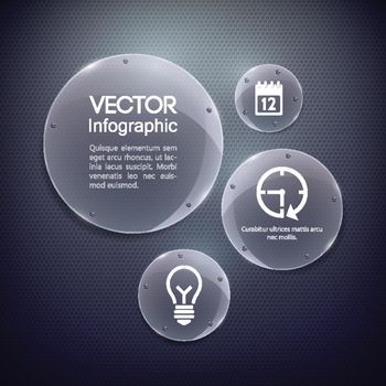 Infographic business template with white icons and glass circles attached to grid background vector illustration