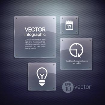 Infographic web template with icons and glass squares attached to grid background vector illustration