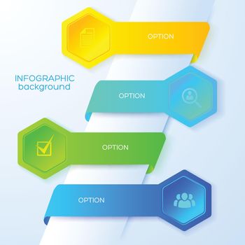 Business infographic concept with icons four colorful ribbons and hexagons on light background vector illustration