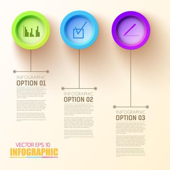 Business infographic concept with text three steps colorful round buttons and icons on bright background vector illustration