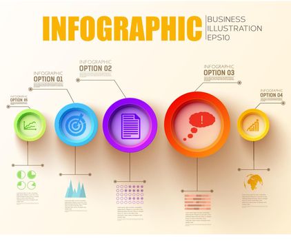 Business step infographic concept with text five colorful circles and icons on light background vector illustration
