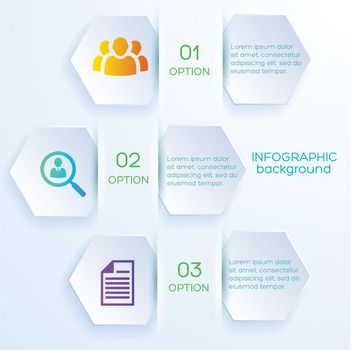 Business options infographic concept with hexagonal bookmarks on paper background in realistic style vector illustration 