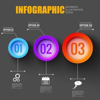 Business workflow infographic black background with creative network icons and three numbered colorful functional buttons flat vector Illustration