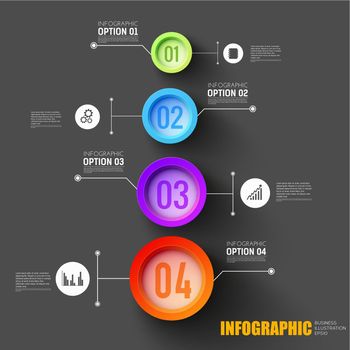 Business steps infographic concept with set of web icons and option numbered buttons on black background flat vector Illustration