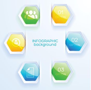 Business infographic white paper background with five colored hexagon stickers for web design flat vector illustration