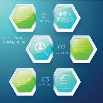 Business infographic design concept with text icons and glossy colorful hexagons on blue background vector illustration