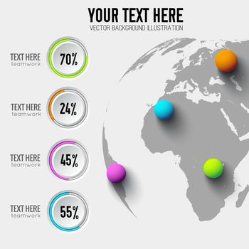 Business web infographic concept with round buttons percentage and colorful balls on globe vector illustration