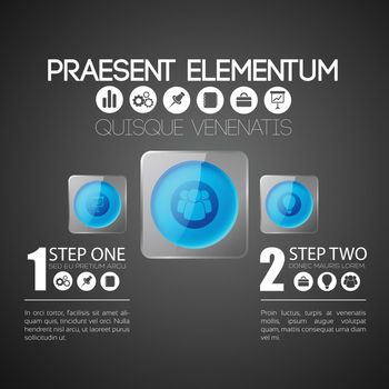 Web infographic concept with blue round buttons in gray glass squares and business icons vector illustration