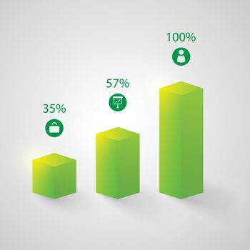 Business web chart infographic template with 3d green columns three steps icons and percentage isolated vector illustration