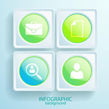 Abstract business infographics with icons round glossy colorful buttons in square frames on light background vector illustration