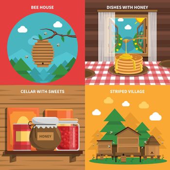 Honey concept icons set with bee house and cellar with sweets symbols flat isolated vector illustration 