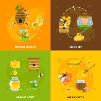 Honey and bees icons set with natural products symbols flat isolated vector illustration 