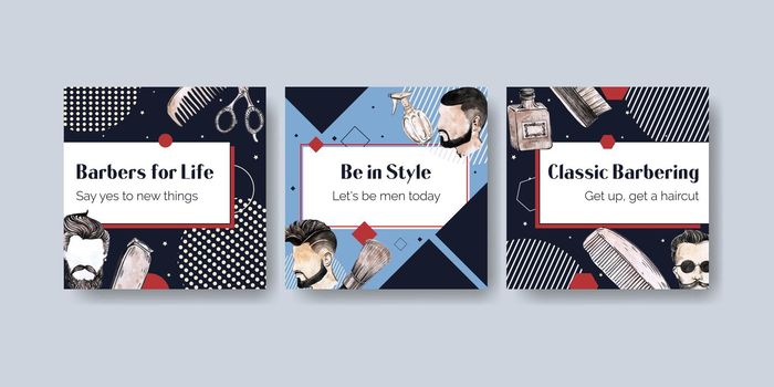 Ads template with barber concept design for advertise and marketing watercolor vector illustration.