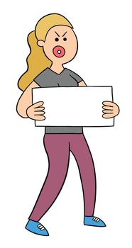 Cartoon angry protester woman holding sign and walking, vector illustration. Colored and black outlines.