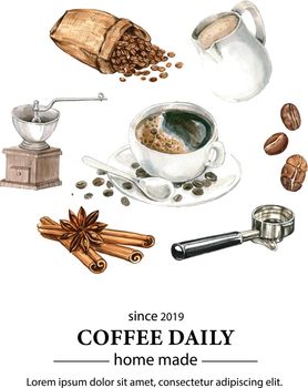 cappuccino coffee arabica beans with branch leaves coffee, watercolor illustration