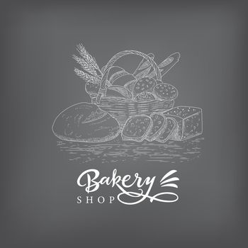 Bakery emblem. Hand drawn sketch with bread, pastry, sweet. Bakery set in engraved style