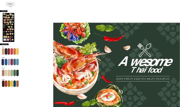 Thai food frame design with tom yum illustration watercolor.