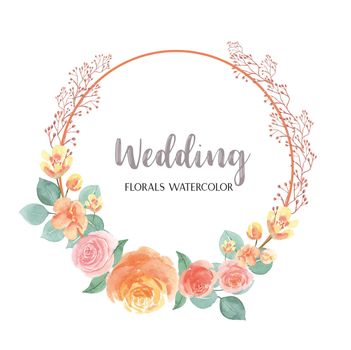 Watercolor florals hand painted with text wreaths frame border, lush flowers aquarelle isolated on white background. Design flowers decor for card, save the date, wedding invitation cards, poster, banner design. 
