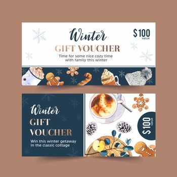 Winter home voucher design with cookies, marshmallow watercolor illustration.