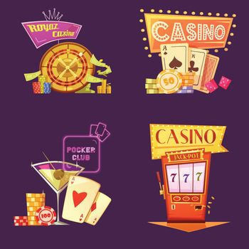 Royal casino retro cartoon 2x2 icons set with poker club slot machine chips and gain on purple background flat isolated vector illustration