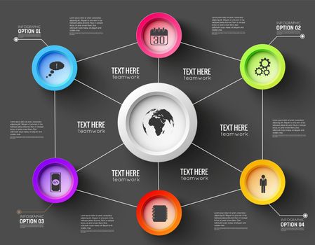 Network infographic template for presentation with lines and functional buttons on black background vector Illustration