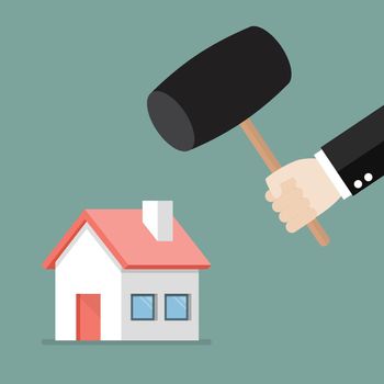 Business man handle a hammer to destroy a house icon. flat style vector illustration