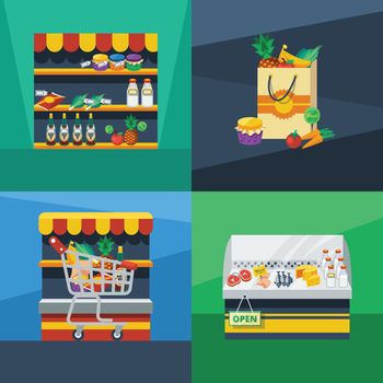 Supermarket 2x2 flat design concept with best price eco food shopping cart and fresh products compositions vector illustration   