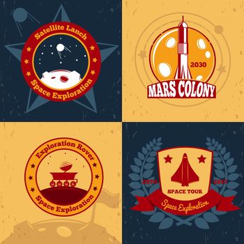 Space exploration emblems color 2x2 design concept with flat symbols and images of space systems and transport vector illustration