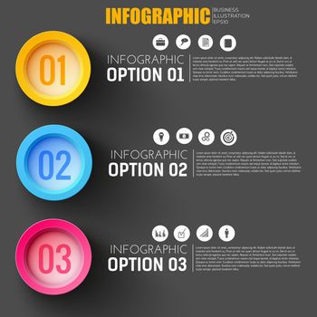 Steps of business development infographic template with set of web icons and option buttons on black background flat vector Illustration