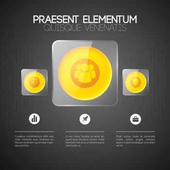 Abstract web infographic concept with text business icons orange round buttons in glass square frames vector illustration