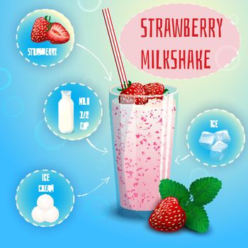 Delicious strawberry milkshake smoothie recipe graphic presentation with infographic elements decorative poster print abstract vector illustration