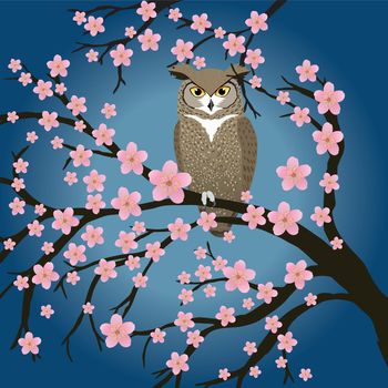 Great horned owl in a cherry blossom tree. The background is a blue gradient with a lighter color in the middle.