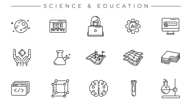 Set of line style vector icons on the theme of Science and Education.