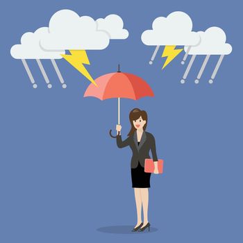 Business woman with umbrella protecting from thunderstorm. Business concept